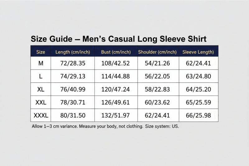 Men's Long Sleeve Shirt Size Chart