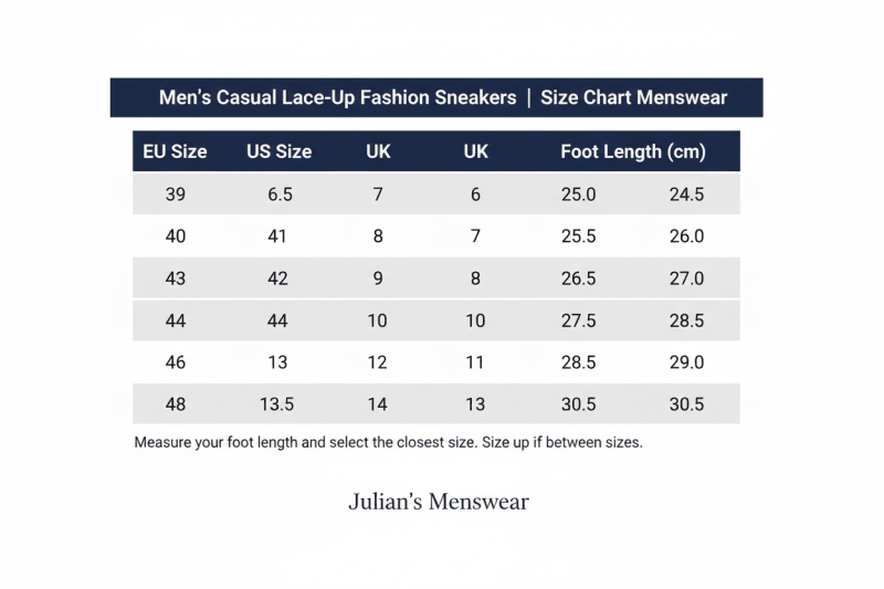 Men's Casual Lace-Up Fashion Sneakers | Size Chart | Julian's Menswear