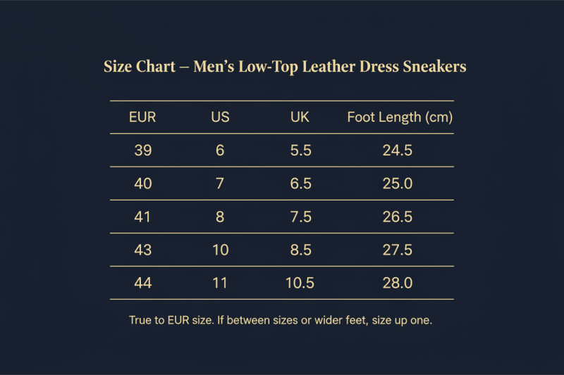 Size Chart — Men's Low-Top Leather Dress Sneakers