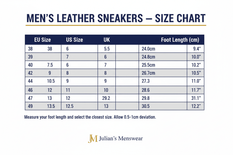 Men's Leather Sneakers Size Chart