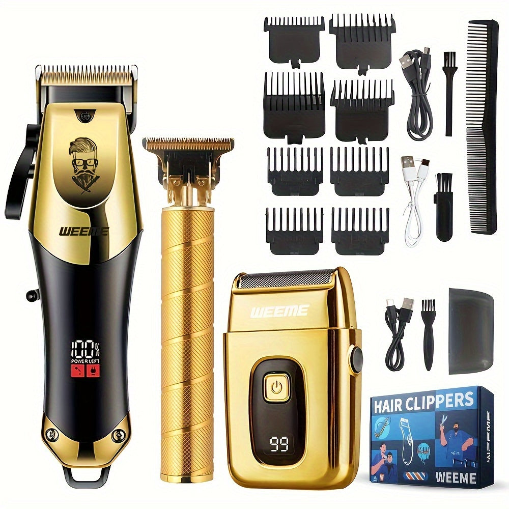 3pcs Professional Men's Grooming Kit: Cordless T-Blade Hair Clippers & Trimmer Set with LCD Display, USB Rechargeable, 2300mAh Battery - Includes Comb, Accessories & Cleaning Tools