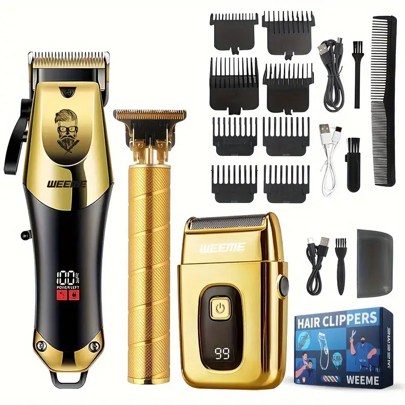 3pcs Professional Men's Grooming Kit: Cordless T-Blade Hair Clippers & Trimmer Set with LCD Display, USB Rechargeable, 2300mAh Battery - Includes Comb, Accessories & Cleaning Tools