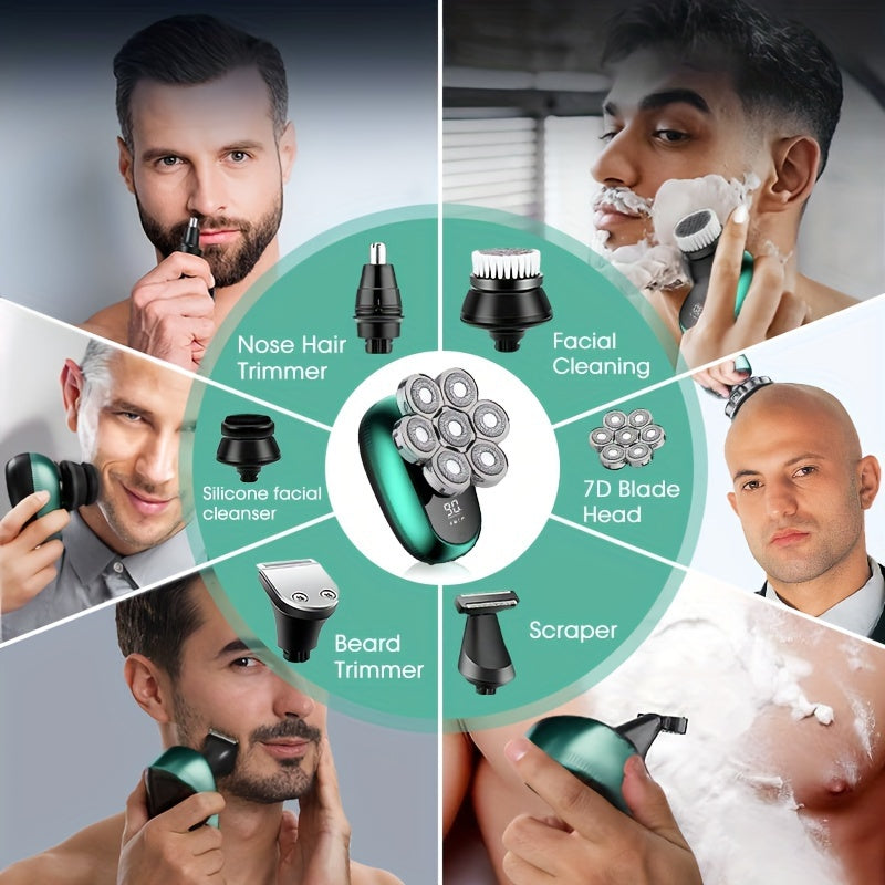 Supreme 7D Rotary Mens Grooming Kit - Advanced Shaver, Trimmer, Nose Hair Clipper, Facial Scraper, Cleansing Brush, USB Rechargeable, Bald Head Razor - Perfect Fathers Day Gift