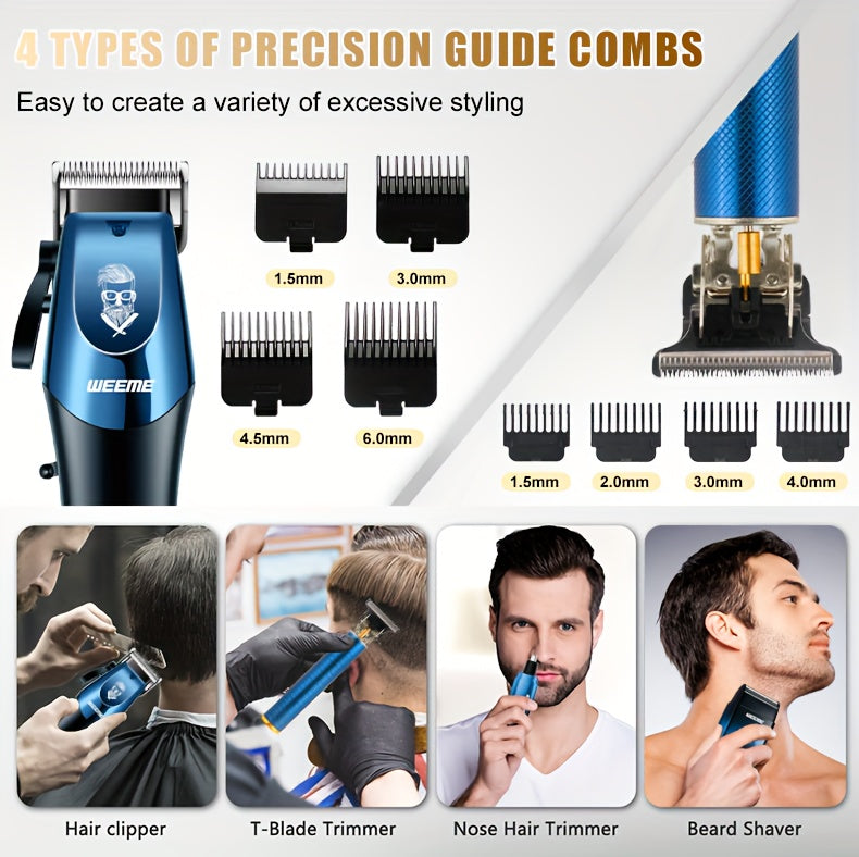 WEEME 4pcs Men's Grooming Kit: Electric Hair Clipper, Nose Trimmer, Shaver & Lithium Battery Set with USB Charging, & 4-in-1 Attachments-like Functionality - Ideal Gift for Men, Beard & Body Hair Care (Blue
