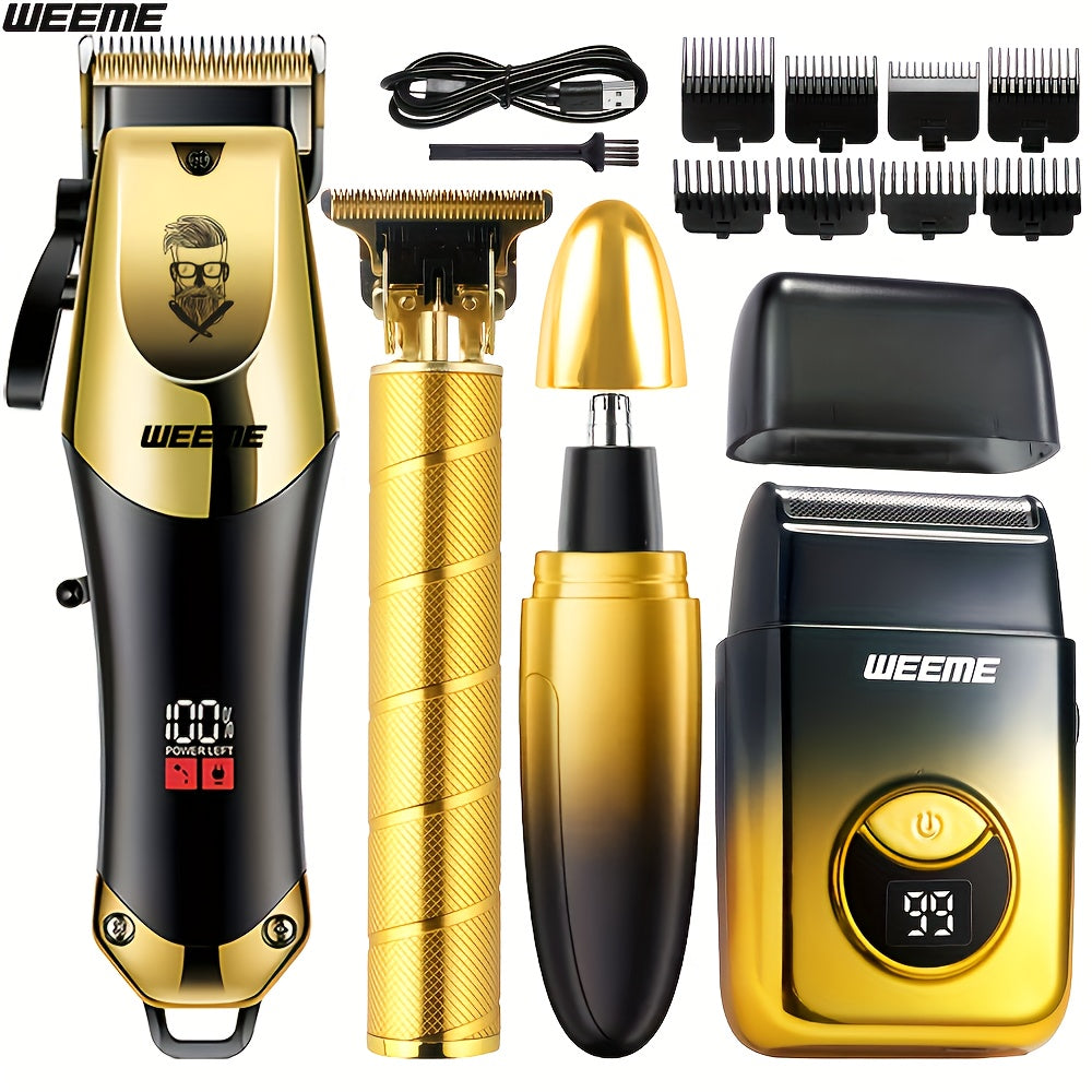 WEEME 4pcs Men's Grooming Kit: Electric Hair Clipper, Nose Trimmer, Shaver & Lithium Battery Set with USB Charging, & 4-in-1 Attachments-like Functionality - Ideal Gift for Men, Beard & Body Hair Care (Blue