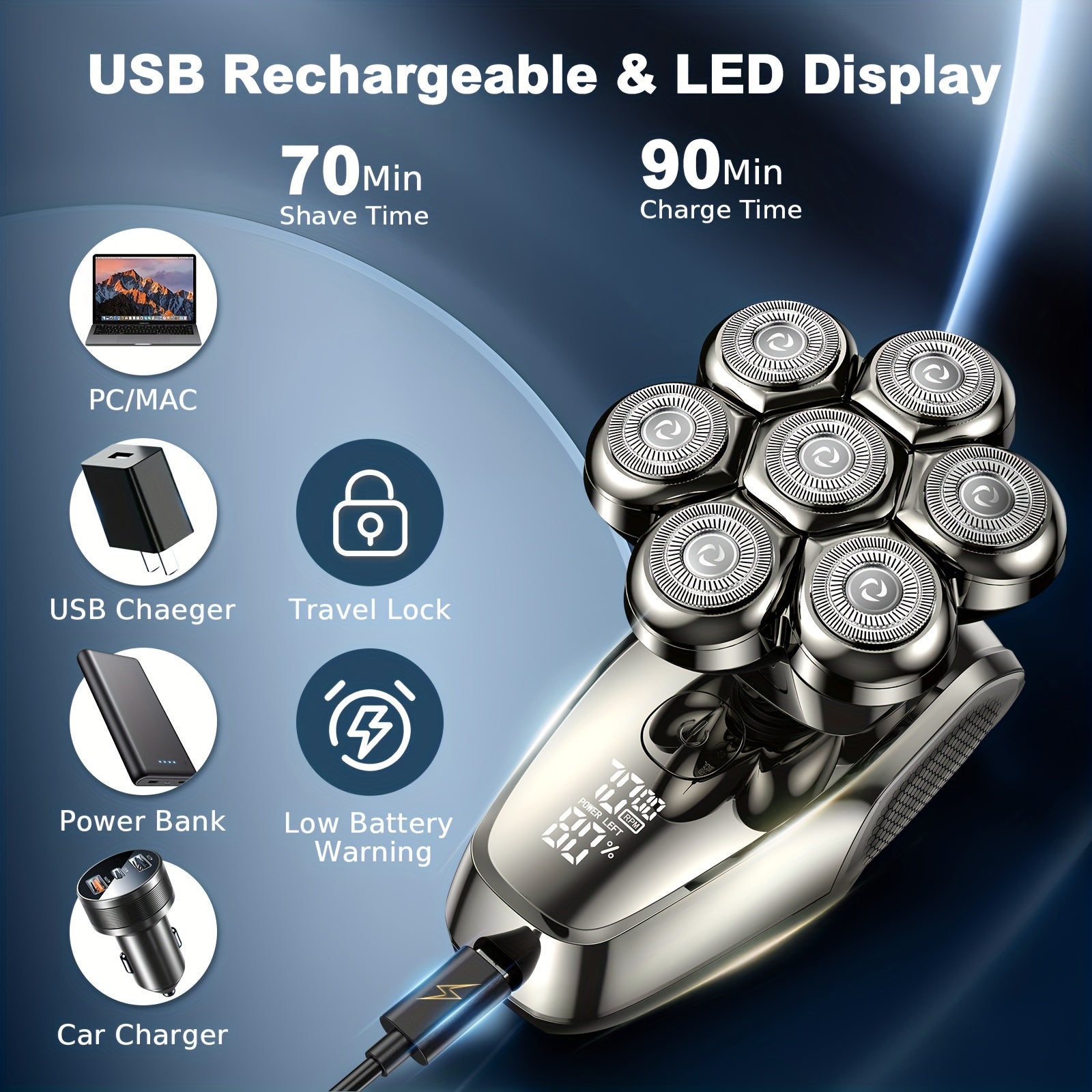 7D Head Shaver For Bald Men, Upgrade 5 In 1 Electric Razor Men's Grooming Kit, Detachable Anti-Pinch Head Shaver For Bald Men, LED Display Type-C Charge Head Shaver, Gifts For Men, Father's Day Gift