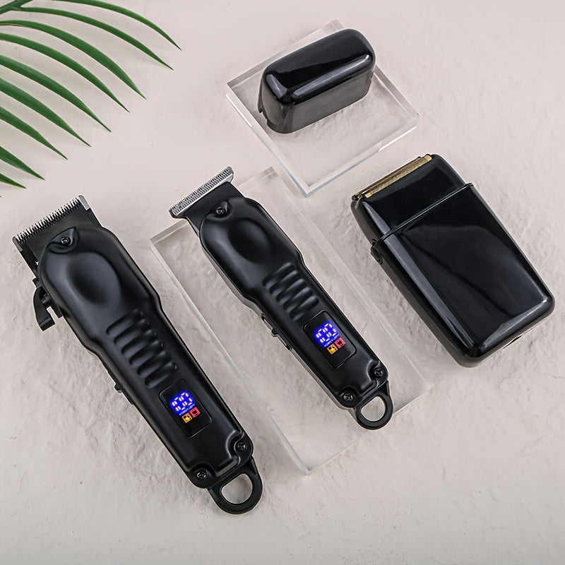 3-in-1 Professional Men's Grooming Kit: Wireless Hair Clipper, Trimmer & Electric Foil Shaver with LED Display - USB Rechargeable, Perfect for Home, Travel & Barbershops