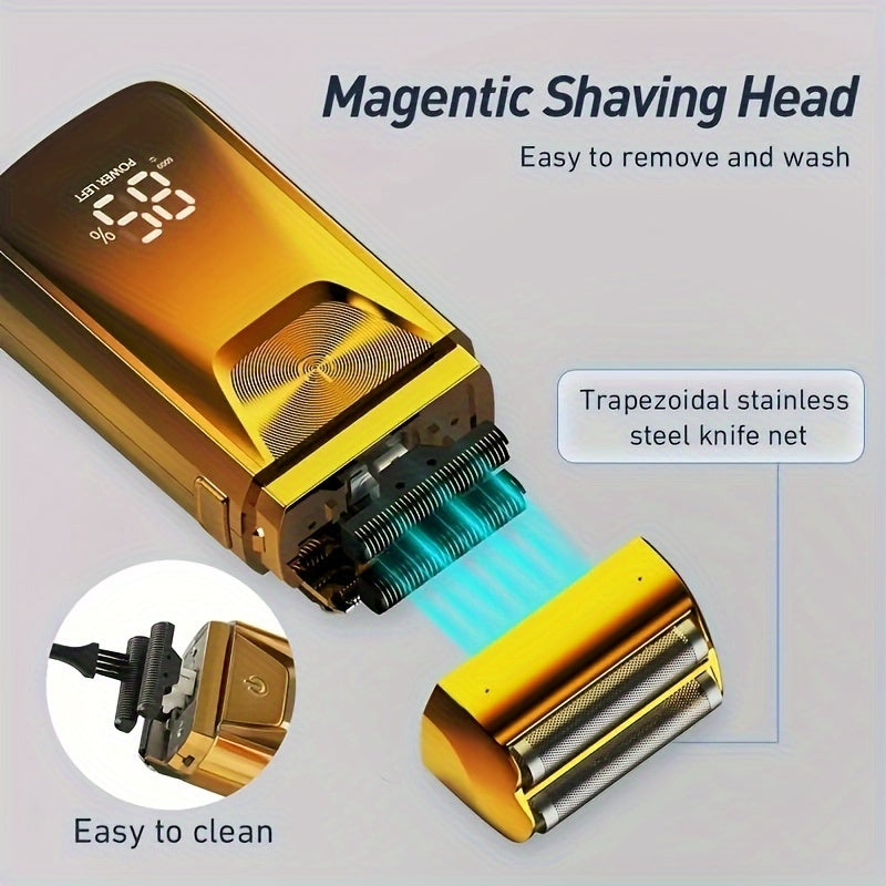 MIGUAN 2-in-1 Sleek Golden Electric Foil & Bald Shaver - Dual-Head Razor with Popup Beard Trimmer, Rechargeable Lithium Battery, Adjustable Speed Settings, USB Charging - Ideal for Precision Haircuts, Men's Grooming Tool