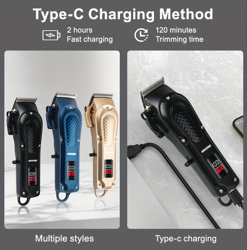 WEEME Professional Hair Clippers Set, 4-Position Limiting Comb, LCD Display, USB Rechargeable, 36V Voltage, 1500mAh Battery, Black/Blue/Golden Options, Men's Grooming Tool