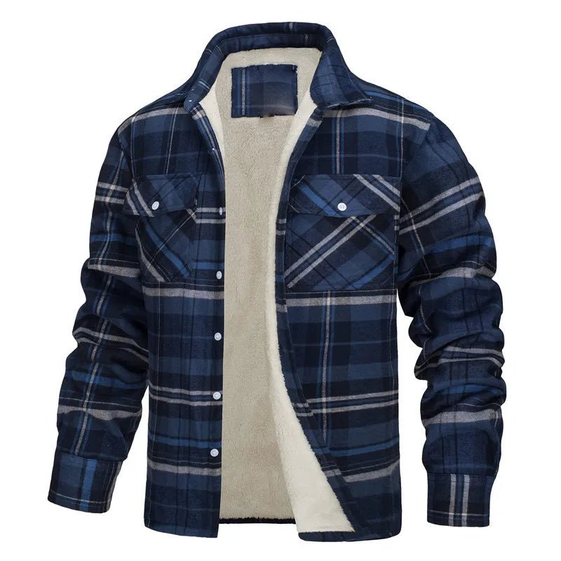 Julian's Menswear S 01 Fleece Men's New Long-sleeved Lapel Plaid Fleece Lined Single-breasted Men's