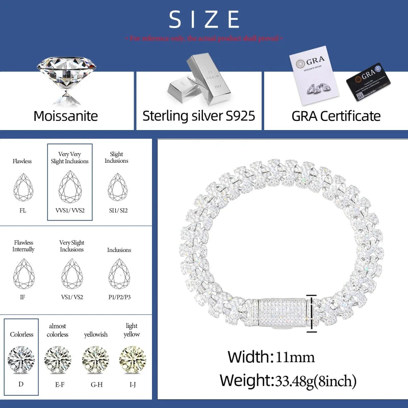 Men's Moissanite Cuban Bracelet - 11mm 18K Gold Plated 925 Silver White Gold Julian's Menswear