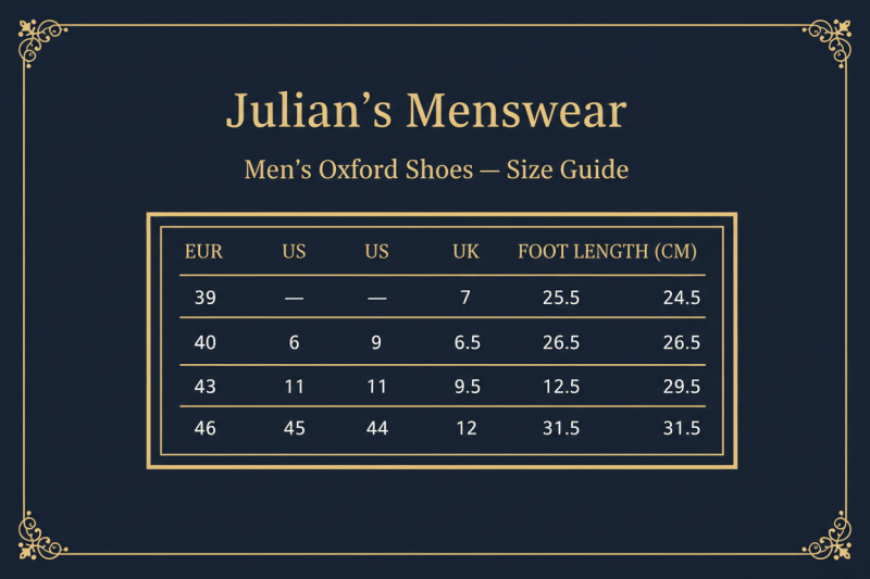 Genuine Leather Square Toe Oxford Shoes for Men, Anti-Odour & Anti-Slip, All-Season Wear | Size Chart | Julian's Menswear