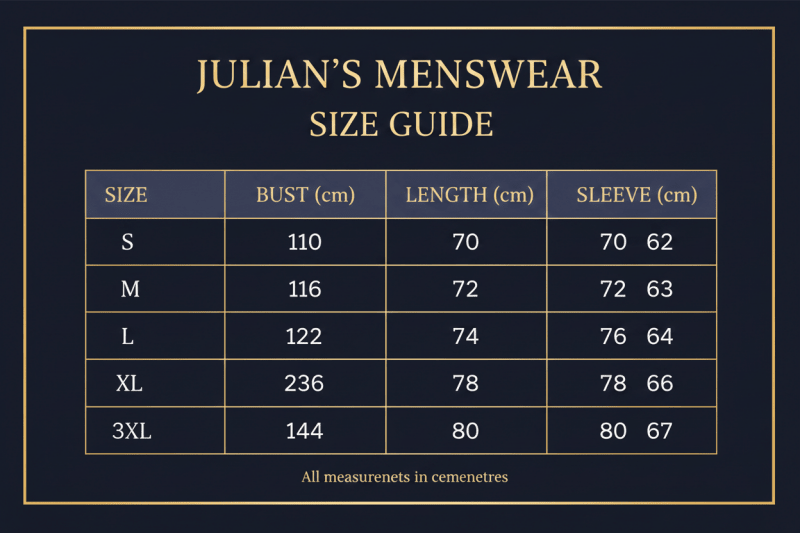 Men's Half Zip Pullover Hoodie | Size Chart | Julian's Menswear