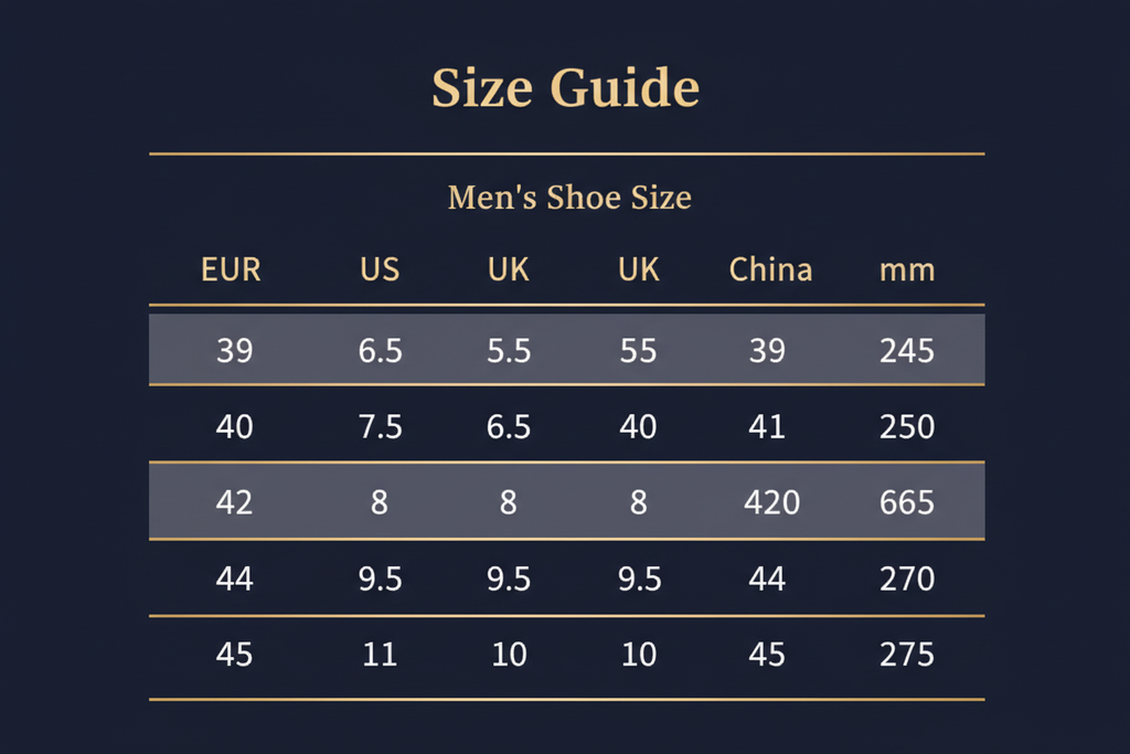 Julian's Menswear Shoe Size Chart - Casual Sports Shoes