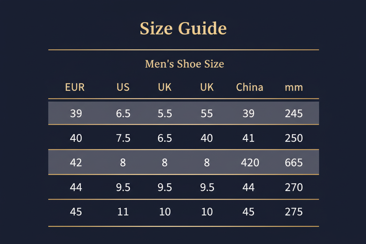 Julian's Menswear Shoe Size Chart - Casual Sports Shoes
