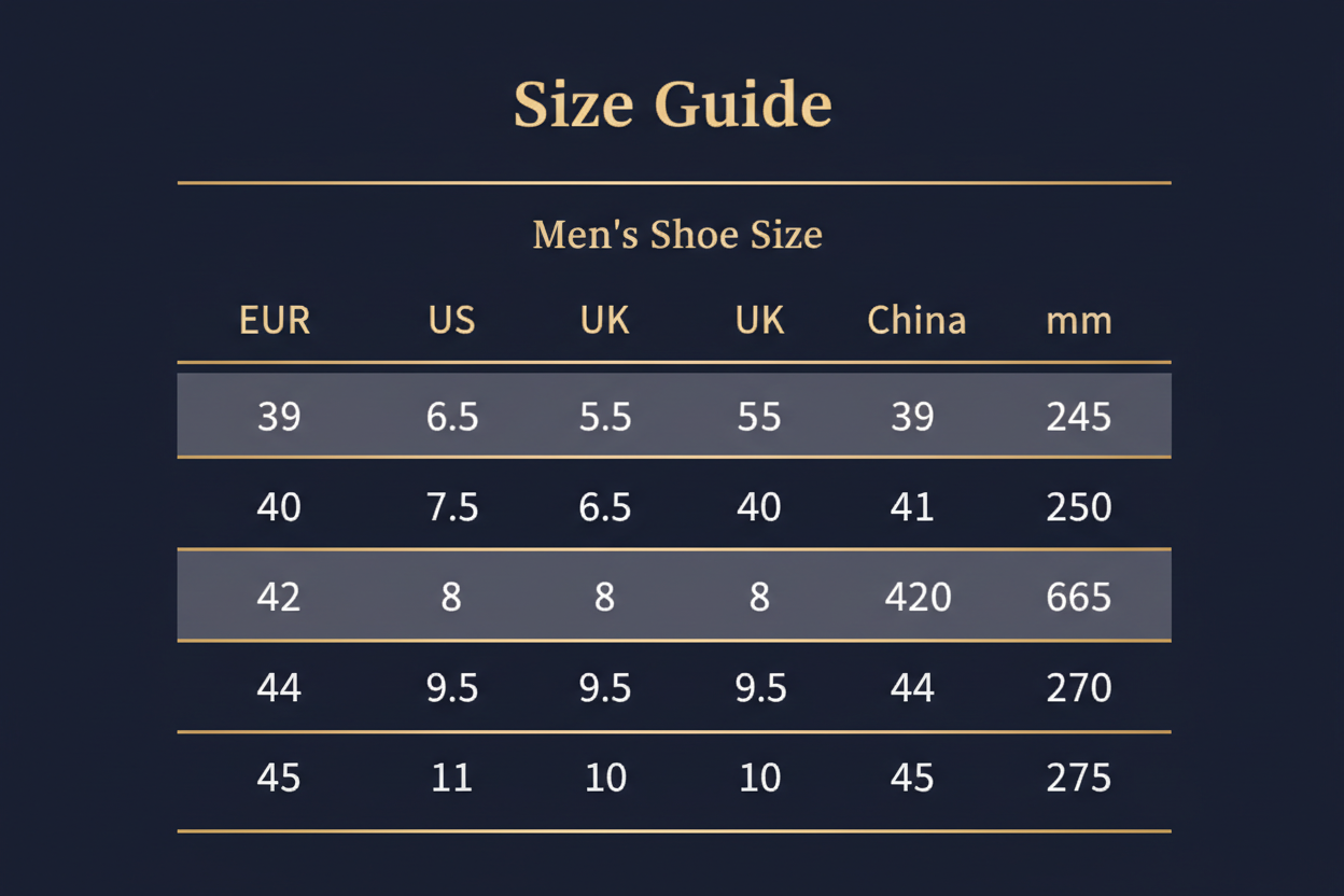 Julian's Menswear Shoe Size Chart - Casual Sports Shoes