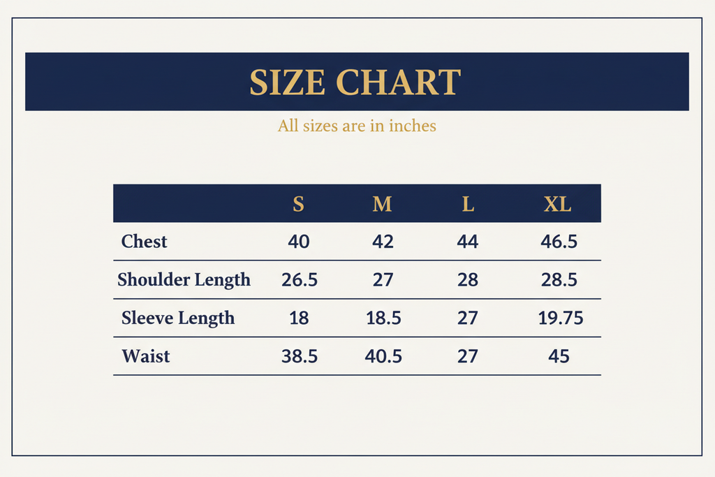 Julian's Menswear Size Chart