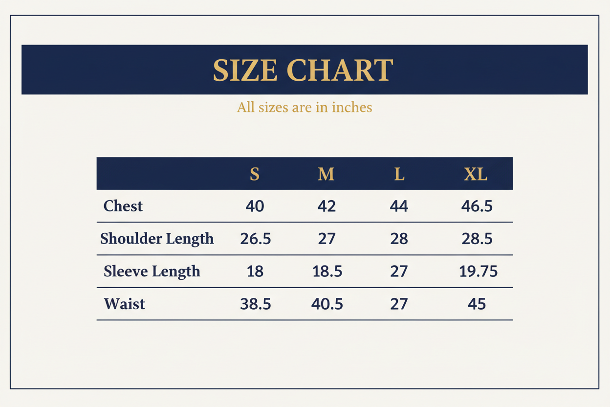 Julian's Menswear Size Chart