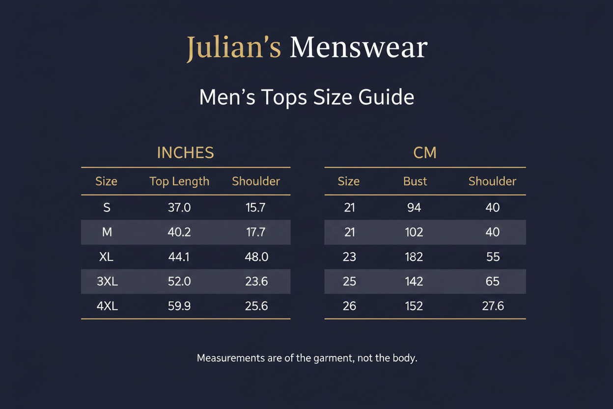 Julian's Menswear Size Chart