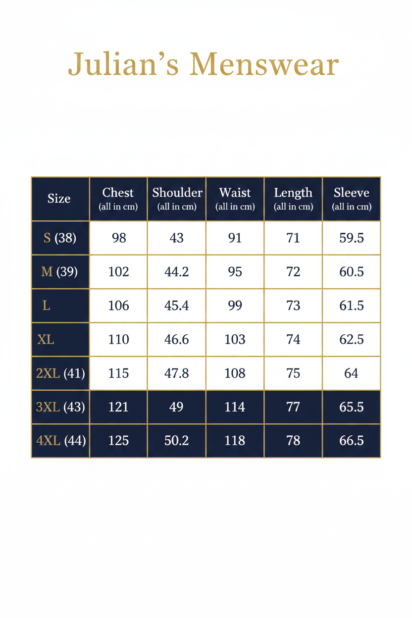 Julian's Menswear Size Chart