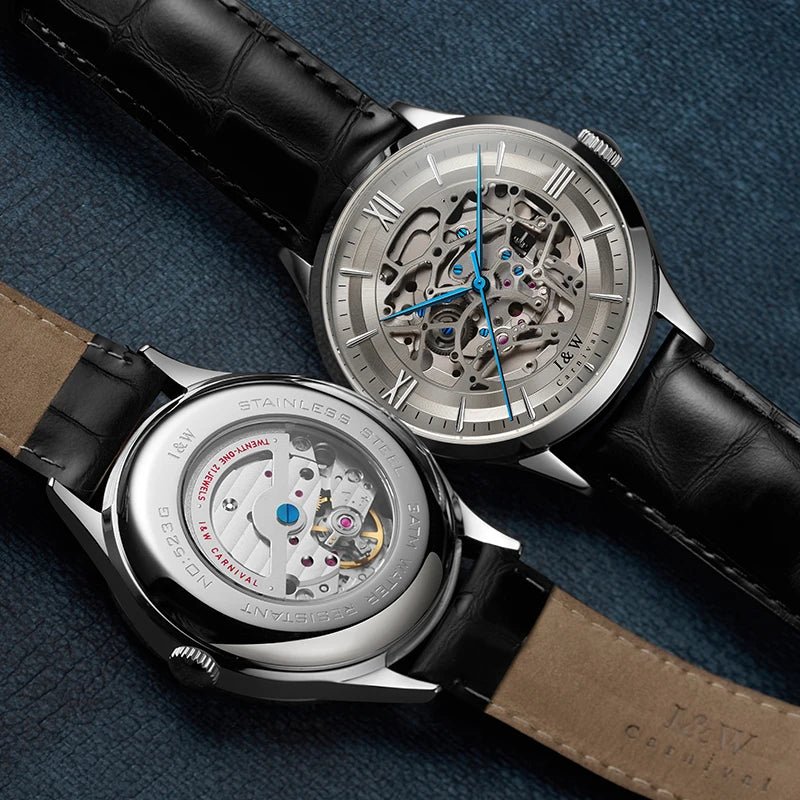 Julian's Menswear Men's Carnival Skeleton Watch with Leather Strap and Sapphire Case
