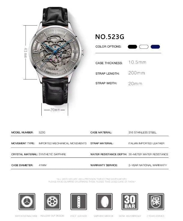 Julian's Menswear Men's Carnival Skeleton Watch with Leather Strap and Sapphire Case