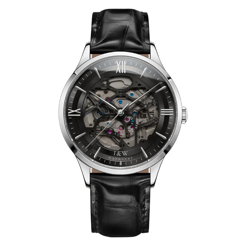 Julian's Menswear Black Men's Carnival Skeleton Watch with Leather Strap and Sapphire Case