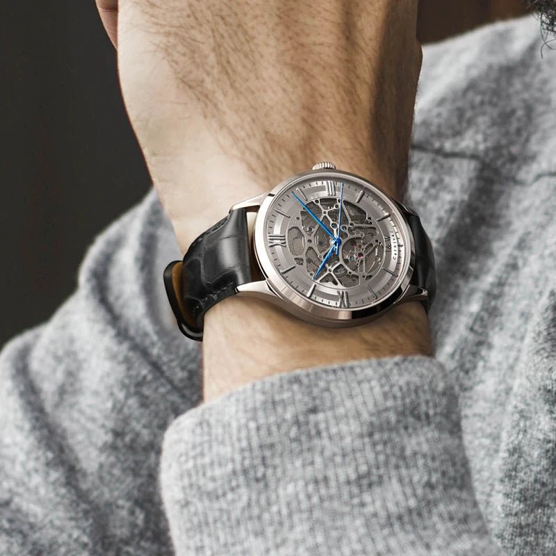 Julian's Menswear Men's Carnival Skeleton Watch with Leather Strap and Sapphire Case