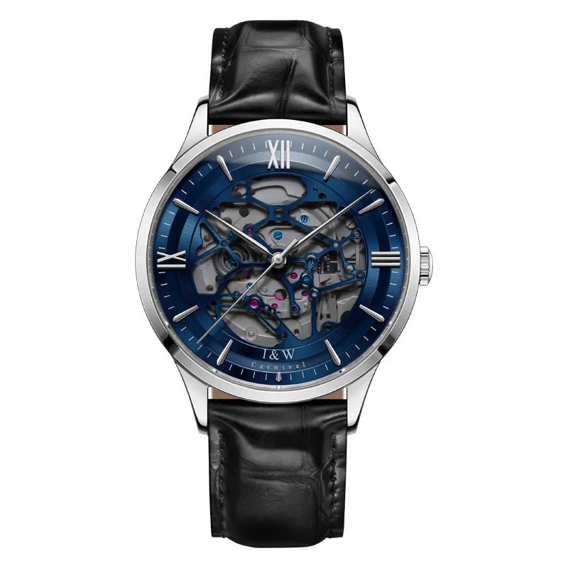 Julian's Menswear Blue Men's Carnival Skeleton Watch with Leather Strap and Sapphire Case