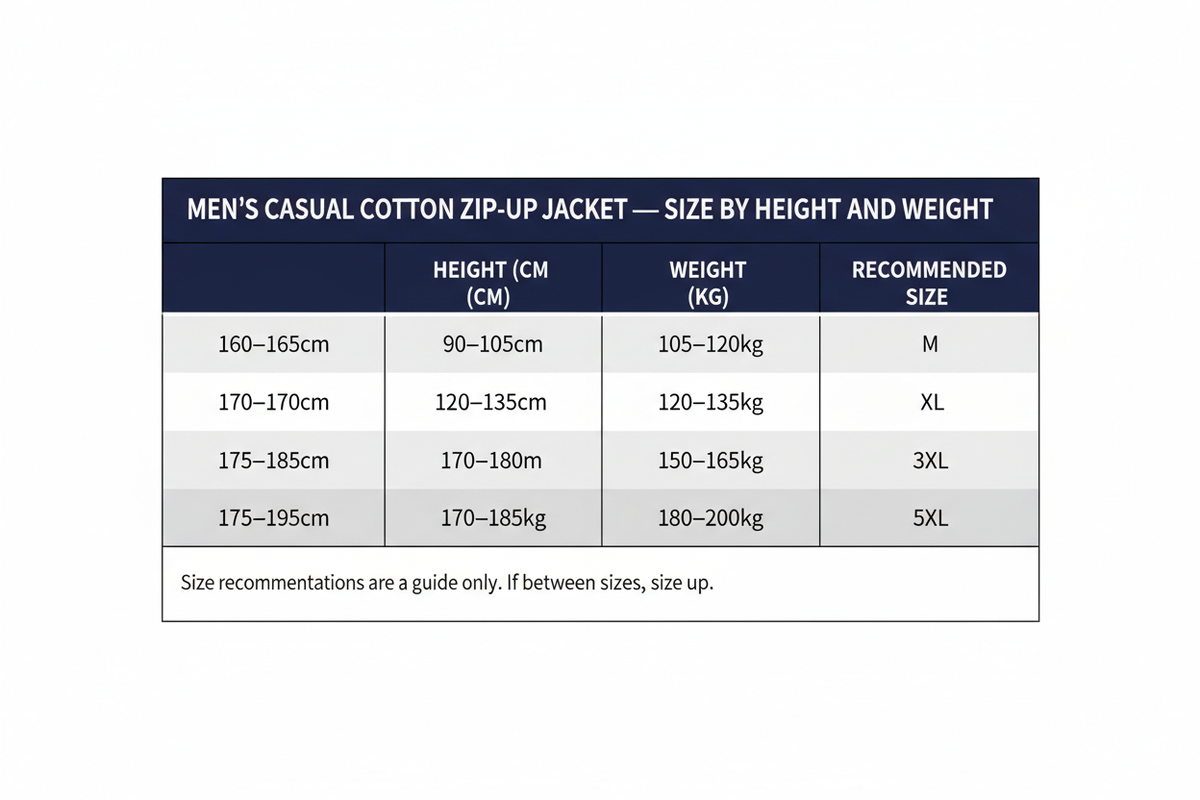 Men's Casual Cotton Zip-up Jacket — Size by Height and Weight