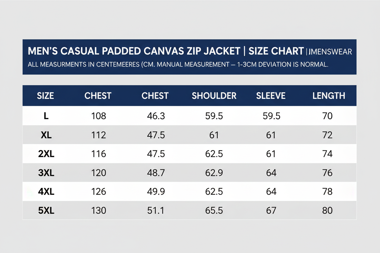 Men's Casual Padded Canvas Zip Jacket | Size Chart | Julian's Menswear