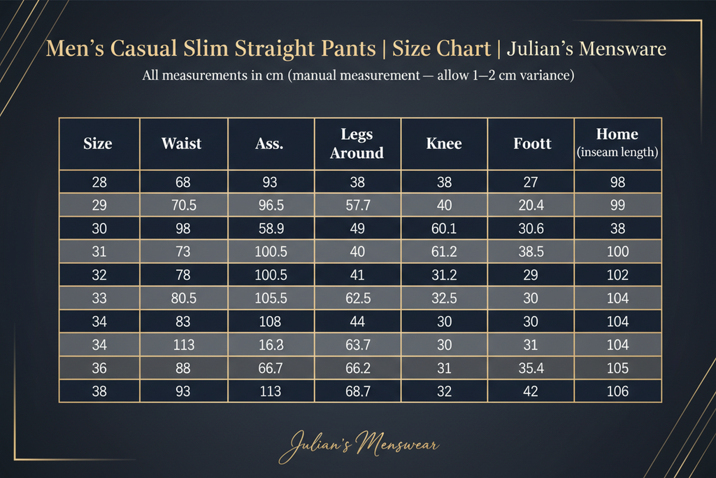 Men's Casual Slim Straight Pants | Size Chart | Julian's Menswear