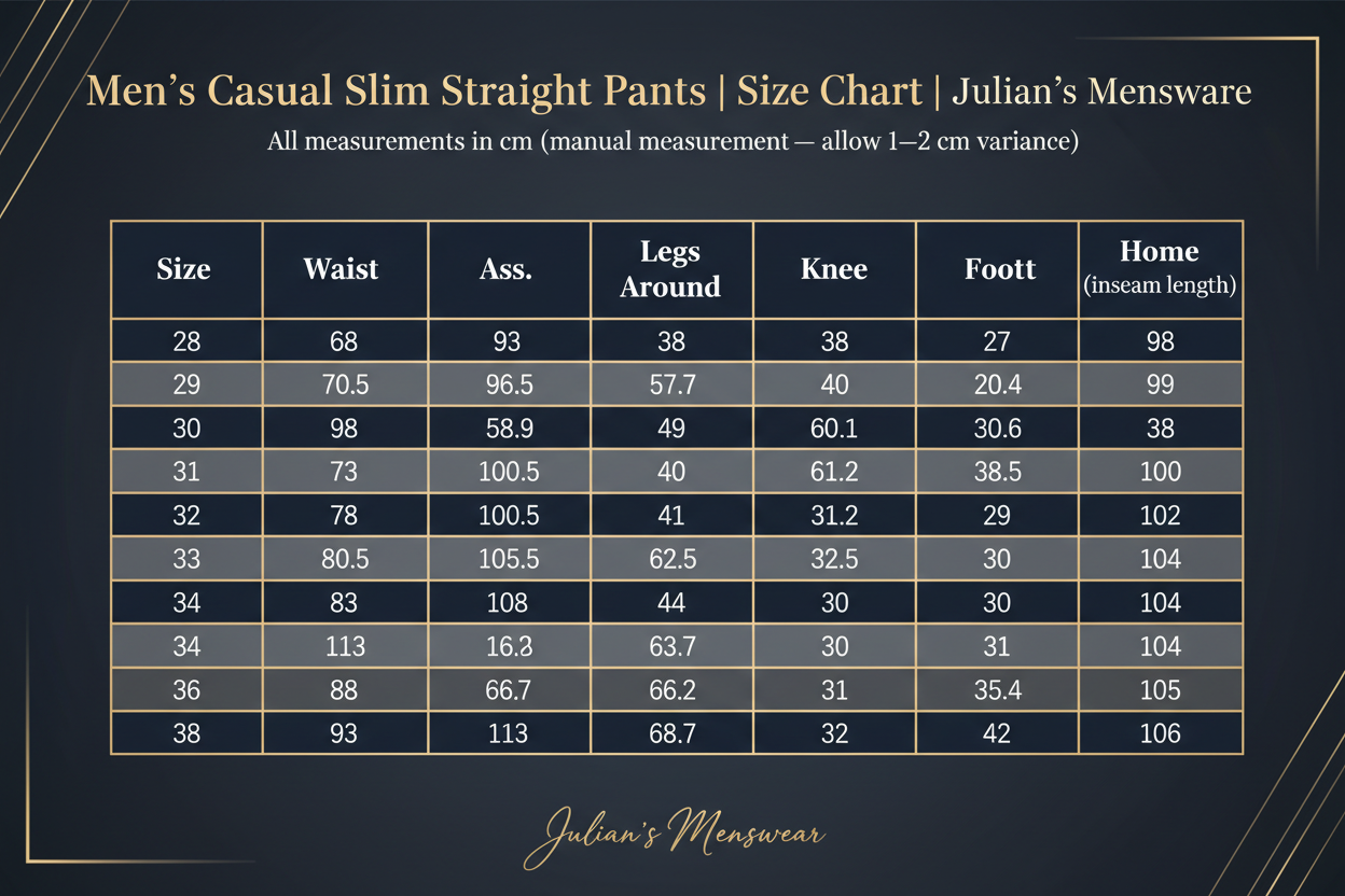 Men's Casual Slim Straight Pants | Size Chart | Julian's Menswear