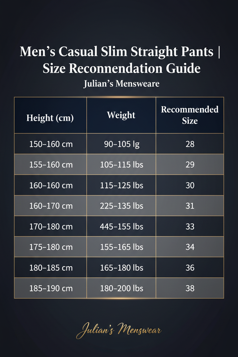 Men's Casual Slim Straight Pants | Size Recommendation Guide | Julian's Menswear