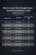 Men's Casual Slim Straight Pants | Size Recommendation Guide | Julian's Menswear