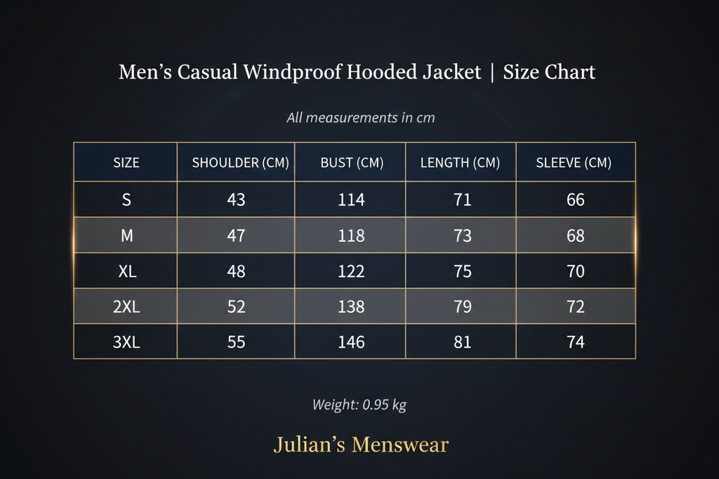 Men's Casual Windproof Hooded Jacket | Size Chart | Julian's Menswear