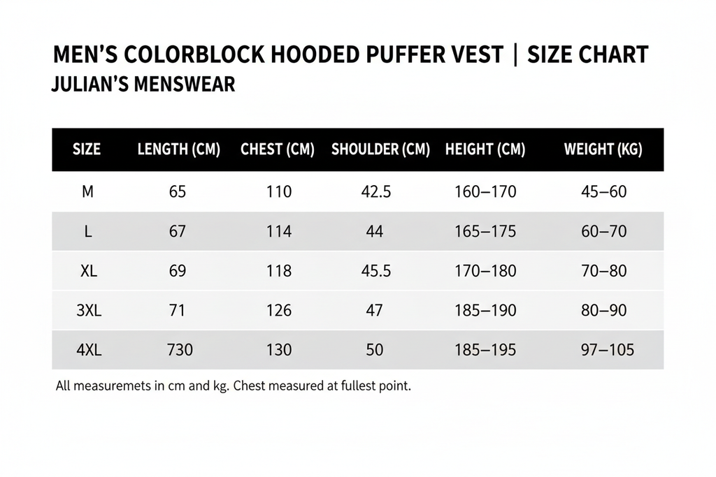 Men's Colorblock Hooded Puffer Vest | Size Chart | Julian's Menswear