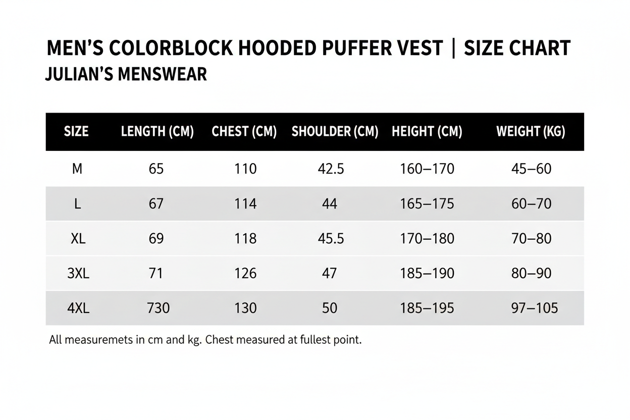 Men's Colorblock Hooded Puffer Vest | Size Chart | Julian's Menswear
