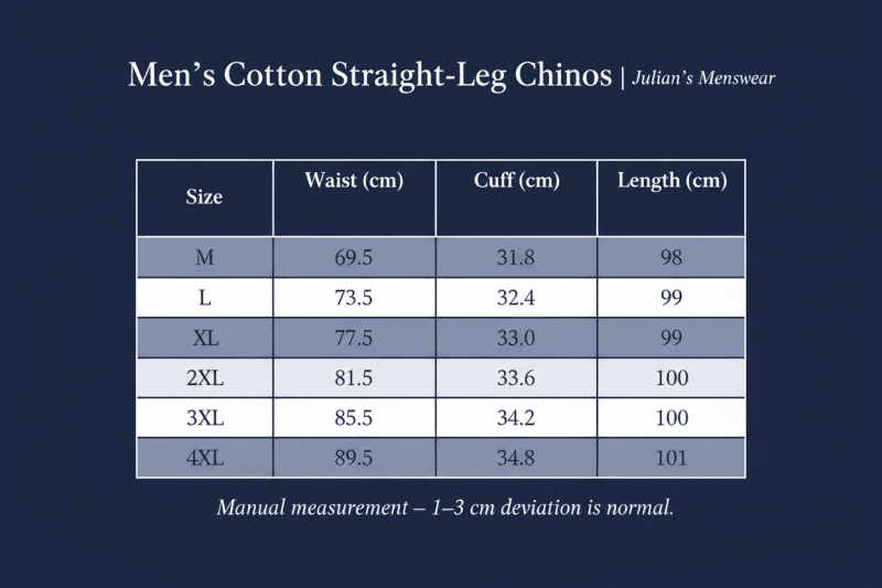 Men's Cotton Straight-Leg Chinos Size Chart | Julian's Menswear