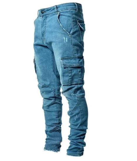 Julian's Menswear Blue S Men's Distressed Skinny Cargo Denim with High-Street Wash Finish & Stretch Comfort
