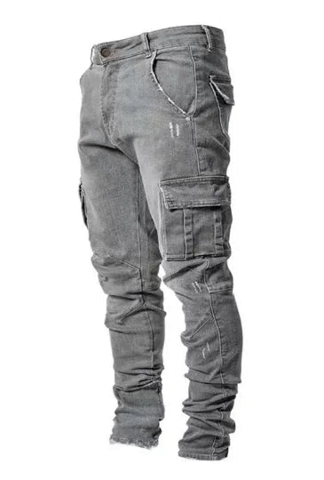 Julian's Menswear Gray S Men's Distressed Skinny Cargo Denim with High-Street Wash Finish & Stretch Comfort