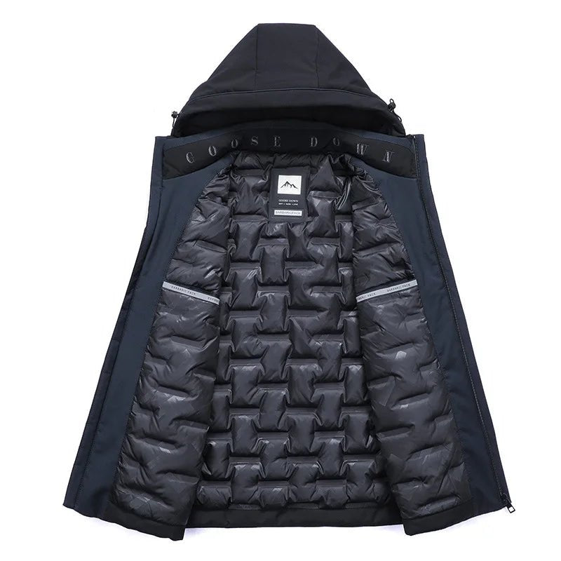 Julian's Menswear M Black Men's Goose Down Parka Jacket with 90% White Goose Down Fill and Wind-Sealing Stand Collar