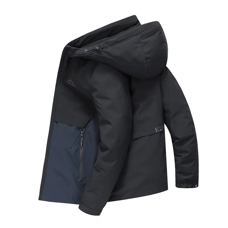Julian's Menswear M Black Men's Goose Down Parka Jacket with 90% White Goose Down Fill and Wind-Sealing Stand Collar