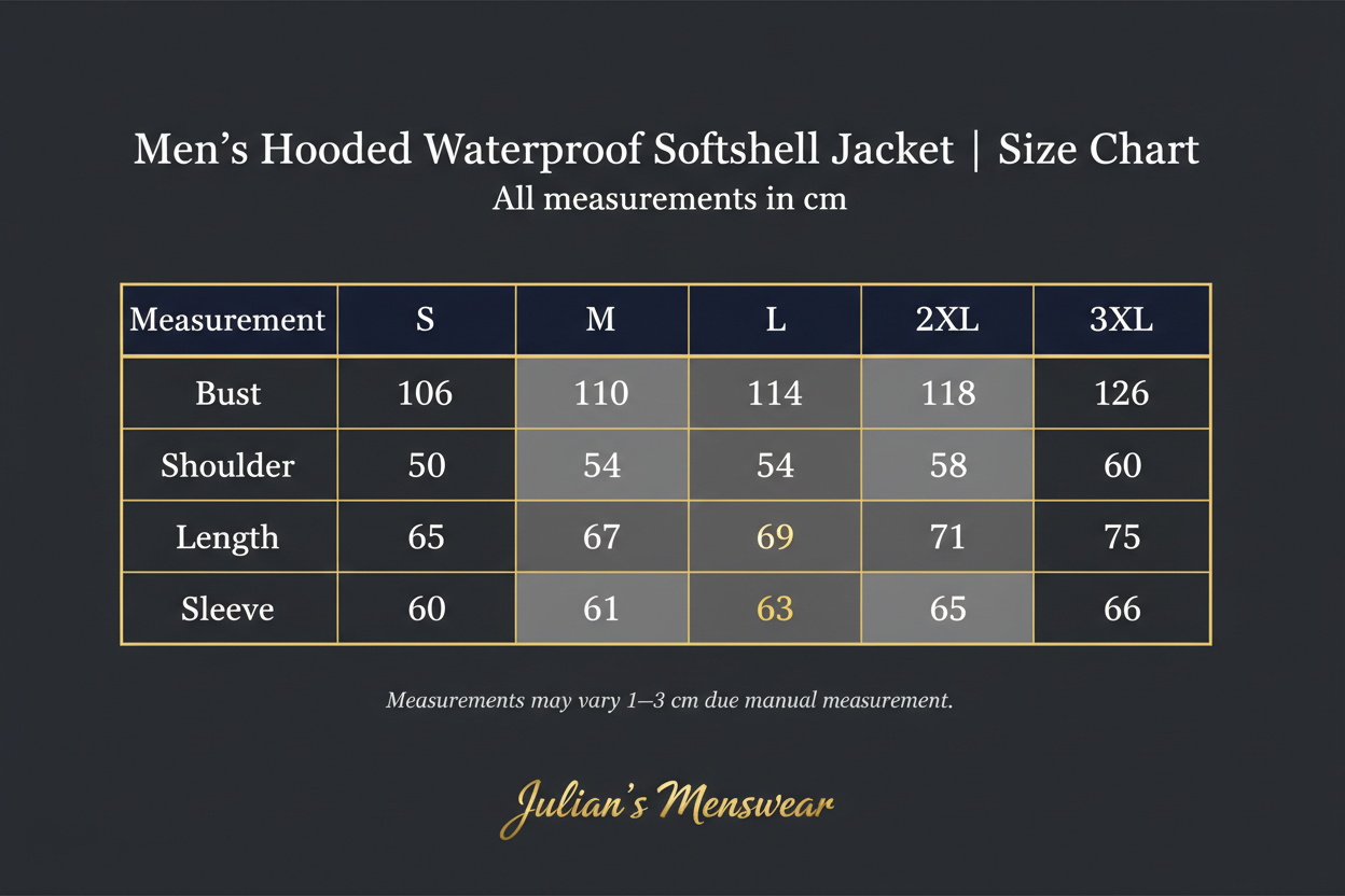 Men's Hooded Waterproof Softshell Jacket | Size Chart | Julian's Menswear