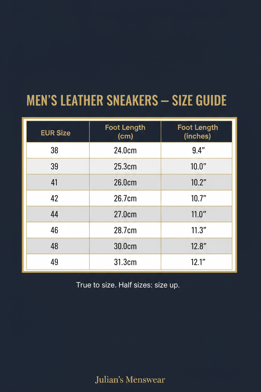 Men's Smart Casual Leather Sneakers - Stylish Hybrid Oxford Comfort Shoes | Size Chart | Julian's Menswear