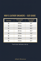 Men's Smart Casual Leather Sneakers - Stylish Hybrid Oxford Comfort Shoes | Size Chart | Julian's Menswear