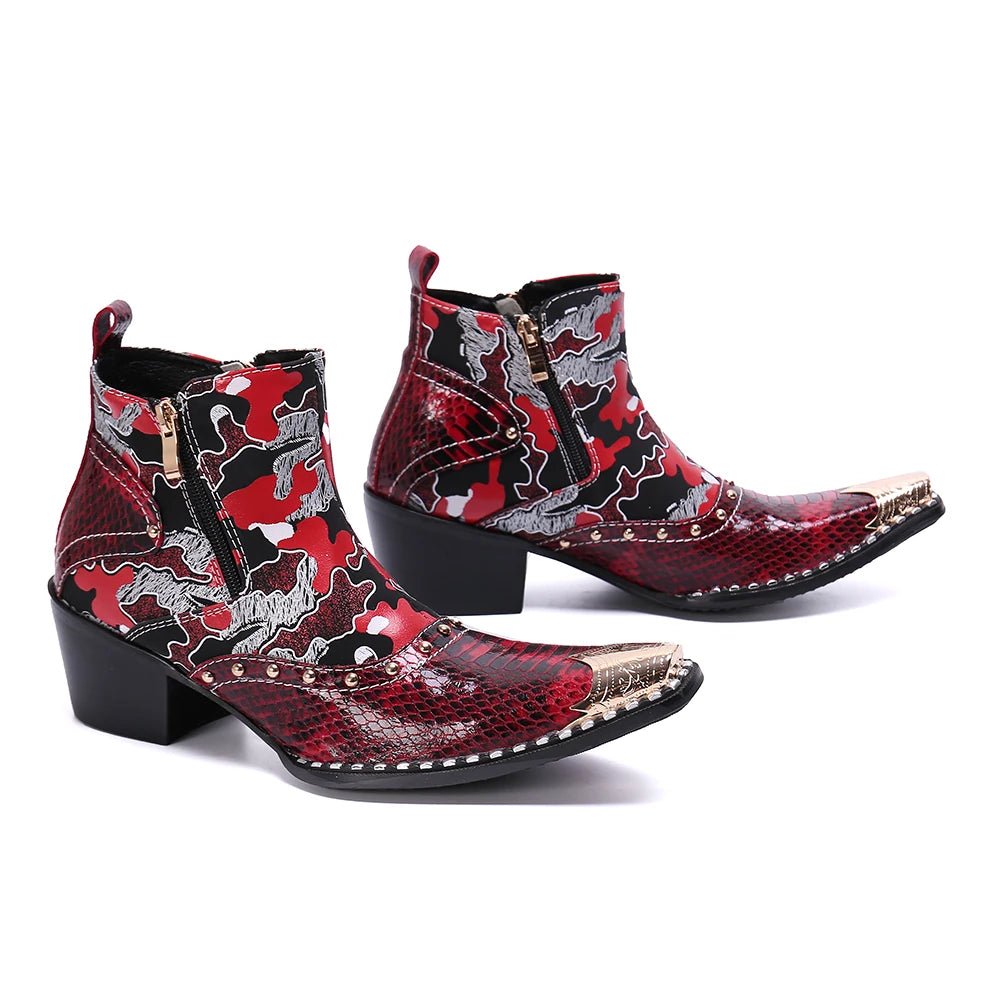Julian's Menswear Men's Leather Red Zipper Ankle Boots