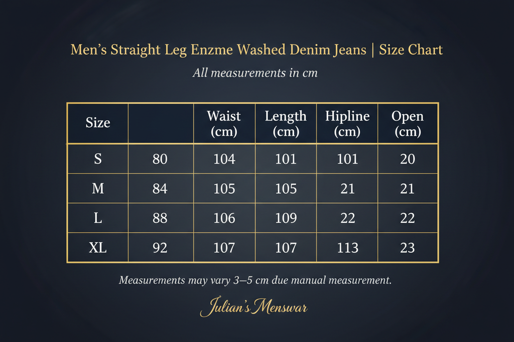 Men's Straight Leg Enzyme Washed Denim Jeans | Size Chart | Julian's Menswear