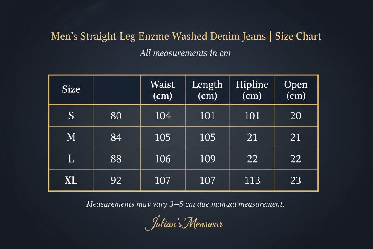 Men's Straight Leg Enzyme Washed Denim Jeans | Size Chart | Julian's Menswear