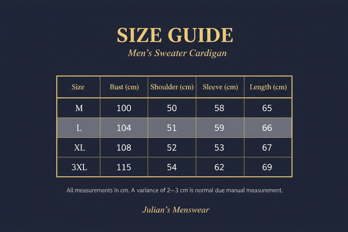 Men's Sweater Cardigan Size Chart